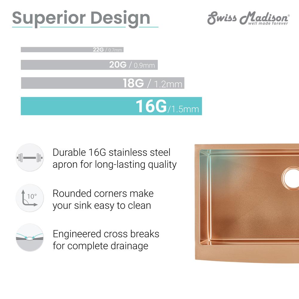 Stainless Steel, Single Basin, Farmhouse Kitchen Sink with Apron in Rose Gold. Picture 5
