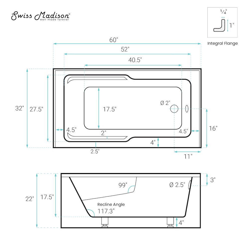 Voltaire 60 x 32 Right Drain Soaking Alcove Corner Apron Bathtub in Matte Black. Picture 5