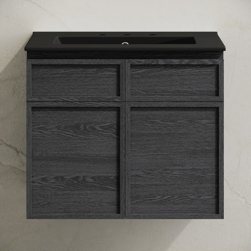24" Wall-Mounted Bathroom Vanity in Black Oak with Black Widespread Sink Top. Picture 5