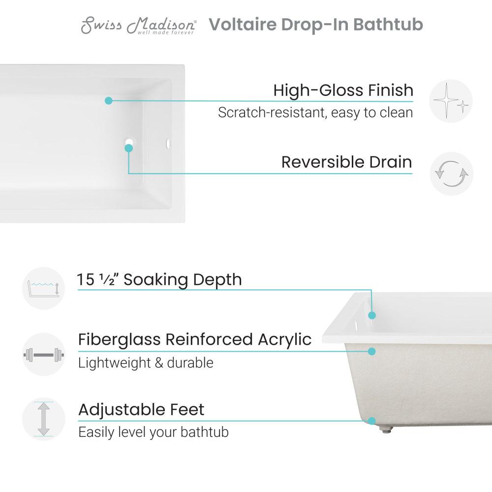 Voltaire 60" x 36" Reversible Drain Drop-In Bathtub. Picture 3