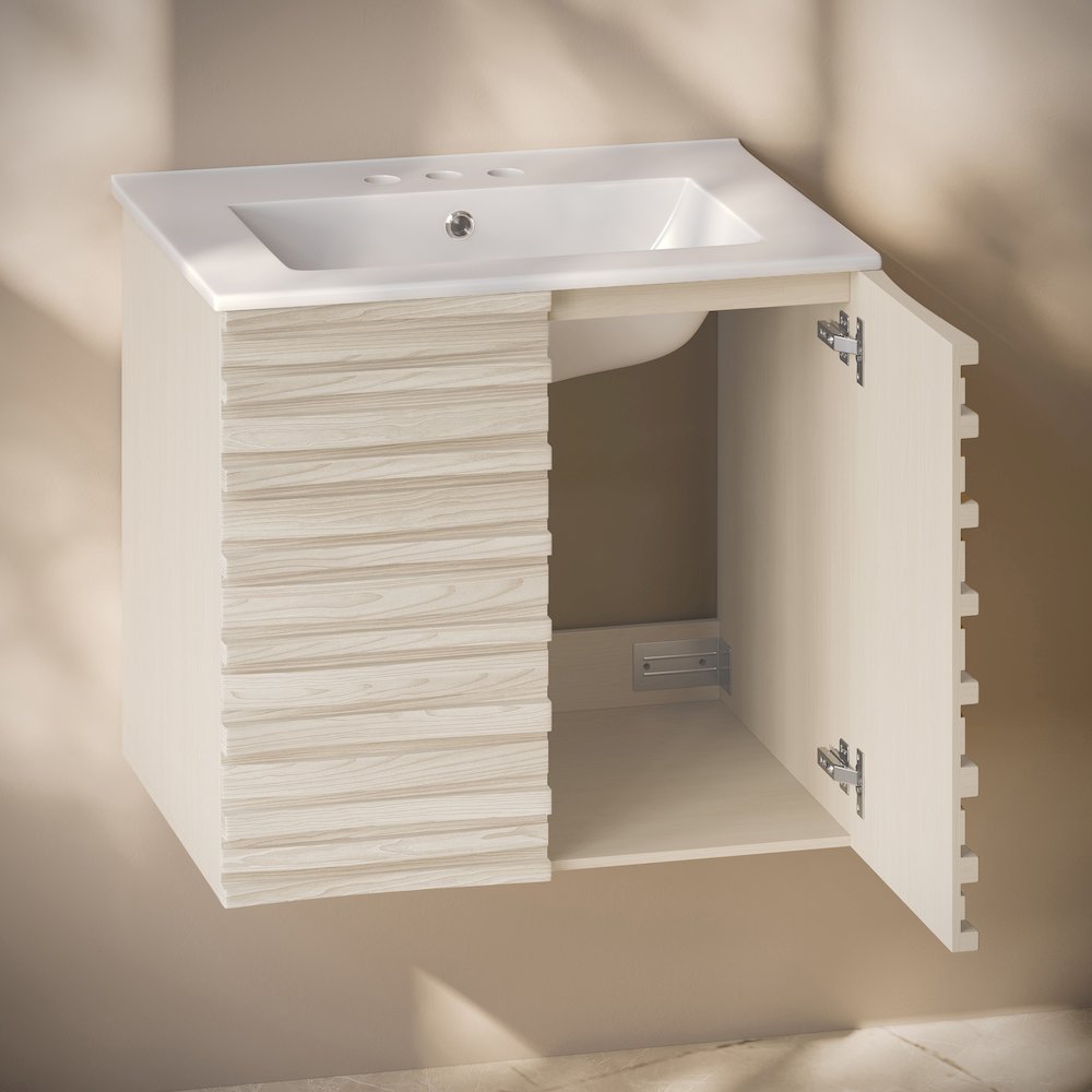 Cascade Wall-Mounted Bathroom Vanity in White Oak with 3-Hole Centerset Sink Top. Picture 5