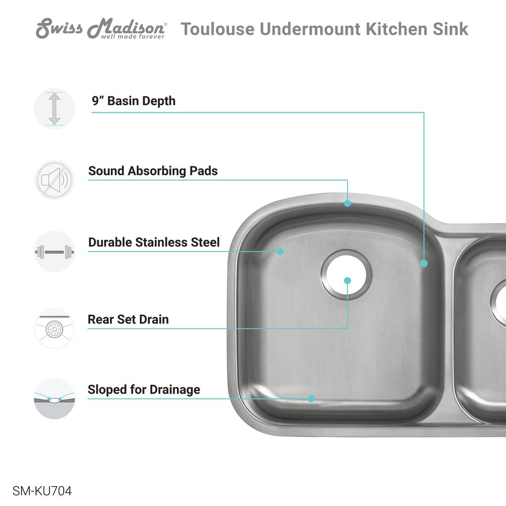 Toulouse 32 x 21 Stainless Steel, Dual Basin, Undermount Kitchen Sink. Picture 4