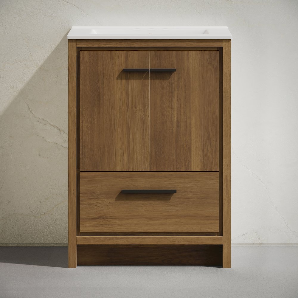 24" Freestanding Bathroom Vanity in Brown Oak with 3-Hole Centerset Sink Top. Picture 4