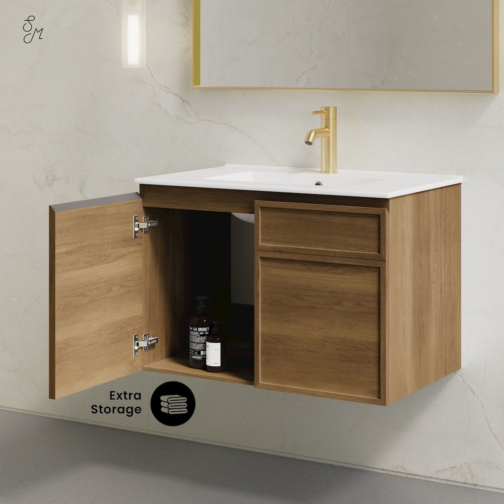 St. Tropez 30" Wall-Mounted Bathroom Vanity in Brown Oak with Sink Top. Picture 9