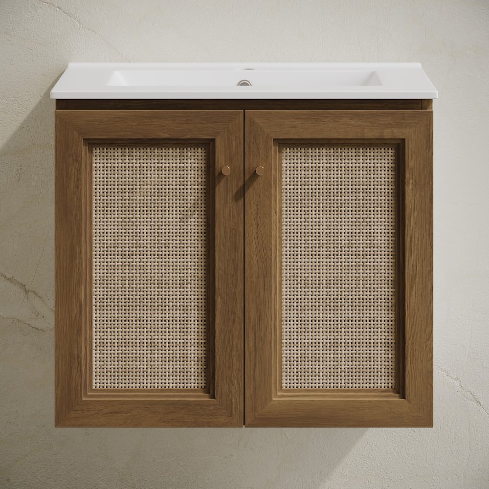 24" Wall-Mounted Bathroom Vanity in Brown Oak with Single Faucet Hole Vanity Top. Picture 5
