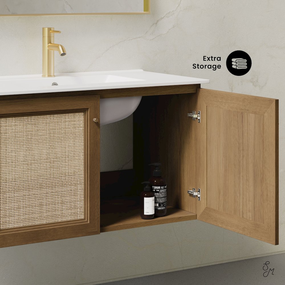 36" Wall-Mounted Bathroom Vanity in Brown Oak with Single Faucet Hole Vanity Top. Picture 9