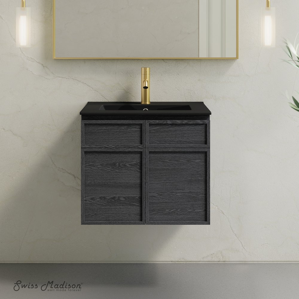 St. Tropez 24" Wall-Mounted Bathroom Vanity in Black Oak with Black Sink Top. Picture 2