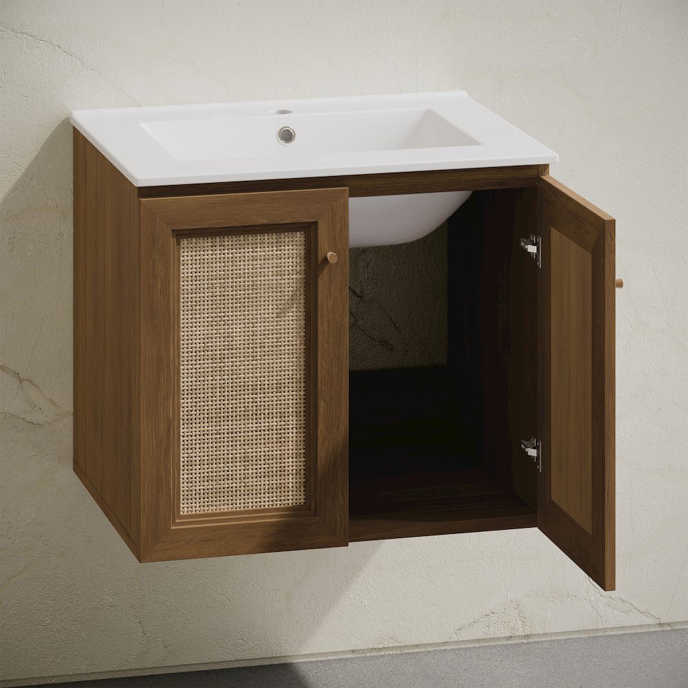 24" Wall-Mounted Bathroom Vanity in Brown Oak with Single Faucet Hole Vanity Top. Picture 6