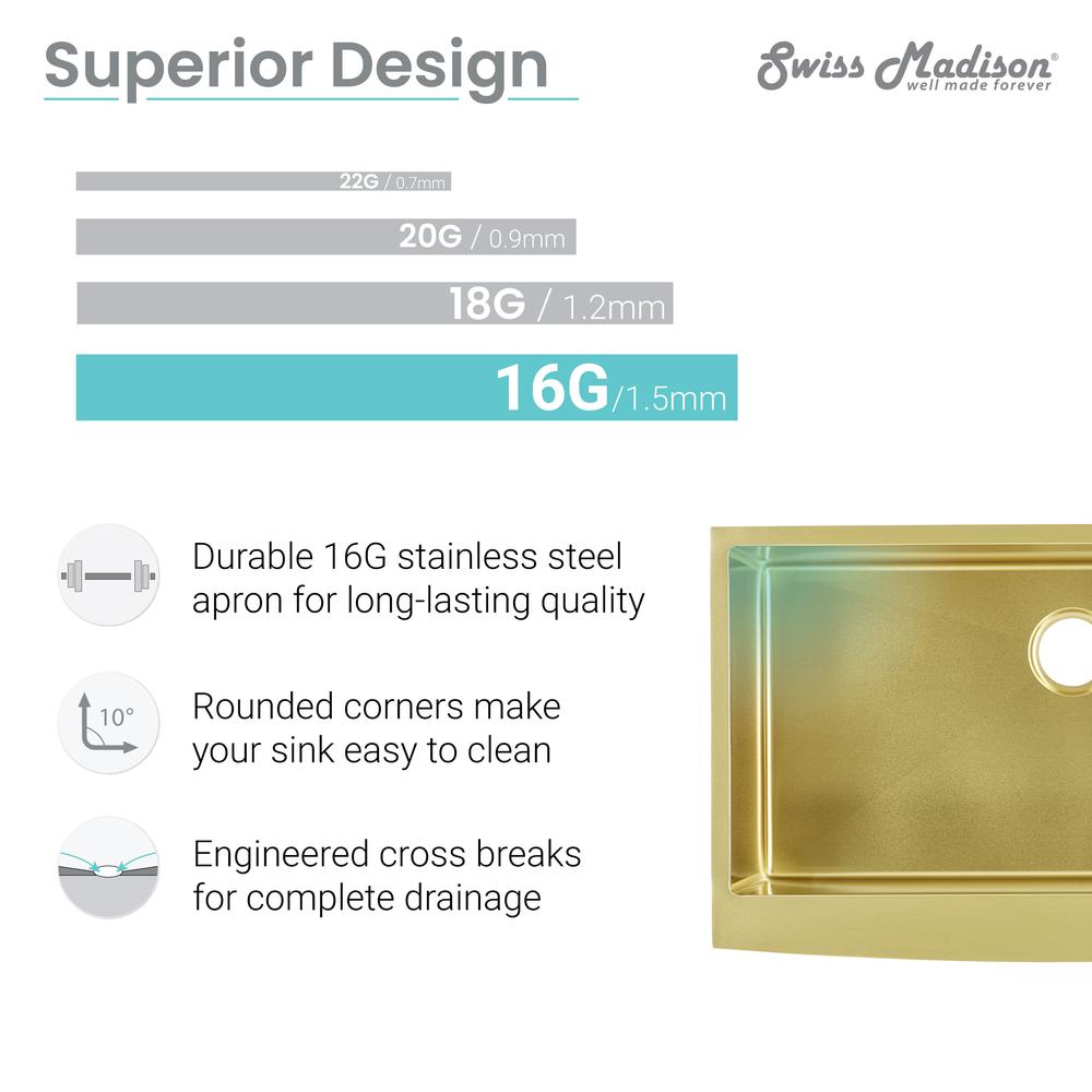 Stainless Steel, Single Basin, Farmhouse Kitchen Sink with Apron in Gold. Picture 6