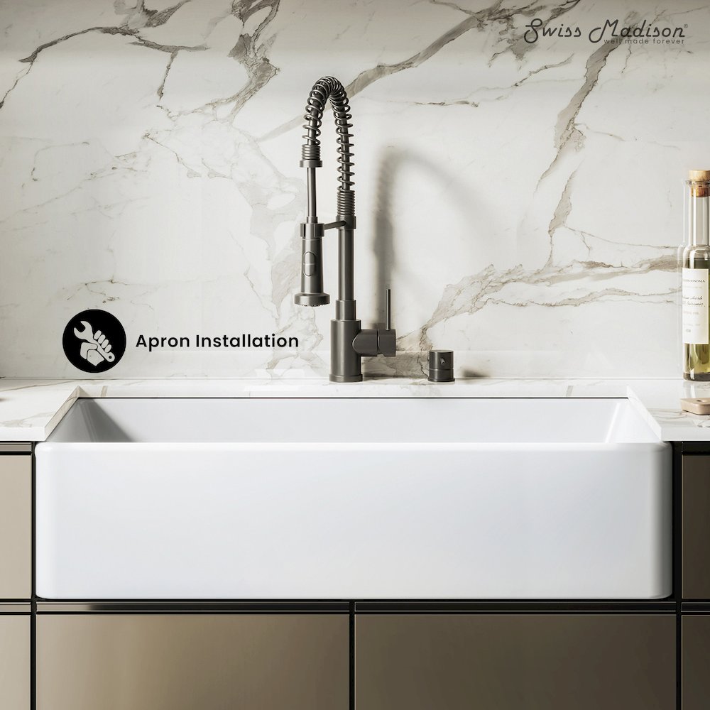 Elegance 36" x 20" Single Basin Fireclay Farmhouse Kitchen Sink in Glossy White. Picture 5