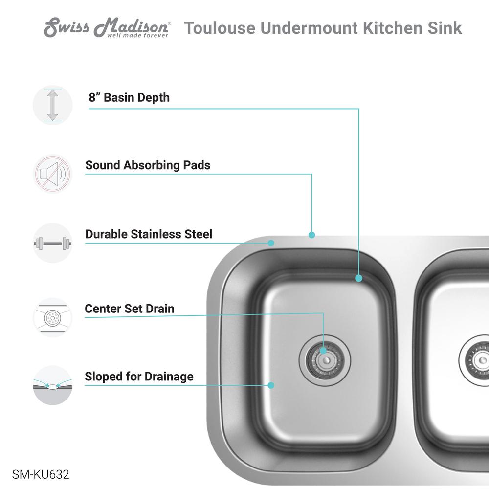 Toulouse 29 x 18 Stainless Steel, Dual Basin, Undermount Kitchen Sink. Picture 4