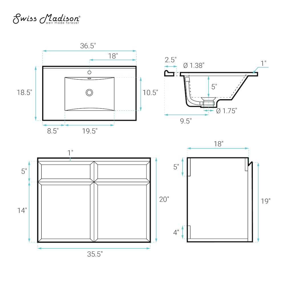 St. Tropez 36" Wall-Mounted Bathroom Vanity in Black Oak with Black Sink Top. Picture 11