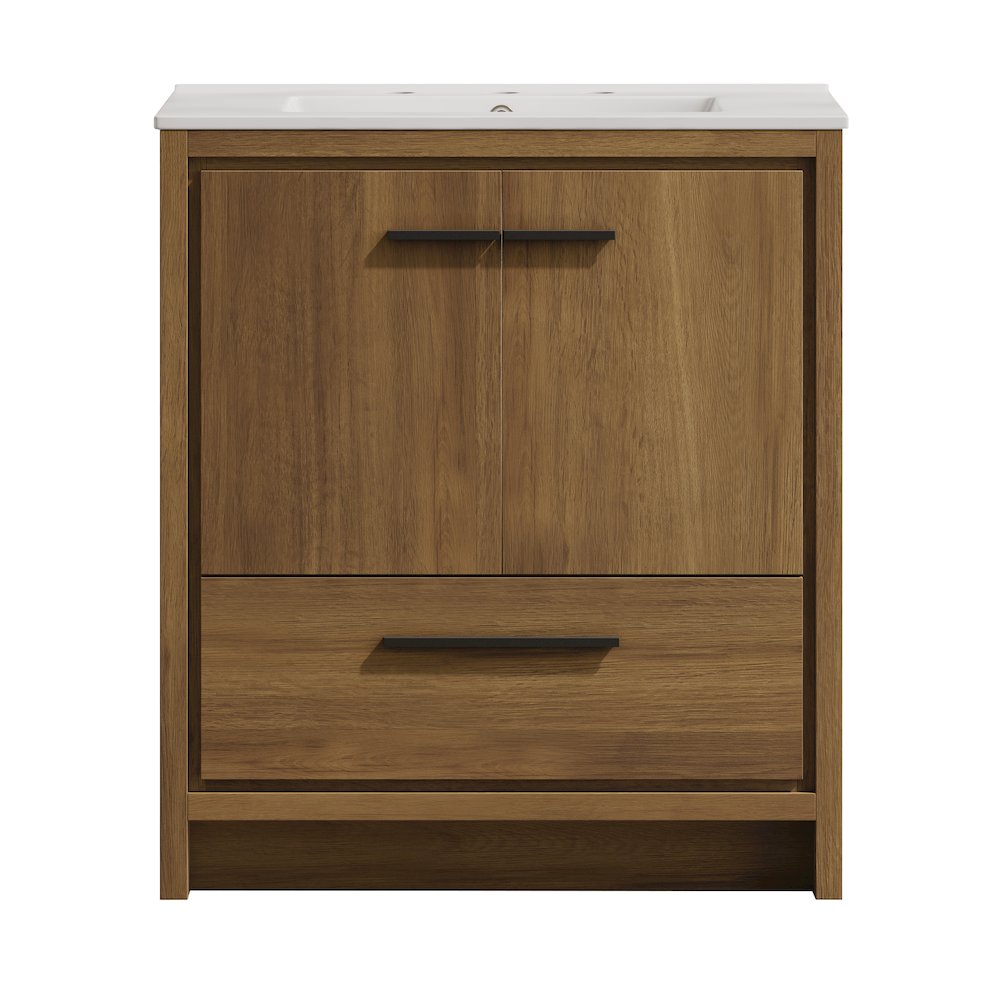 Virage Freestanding Bathroom Vanity in Brown Oak with 3-Hole Widespread Sink Top. Picture 1