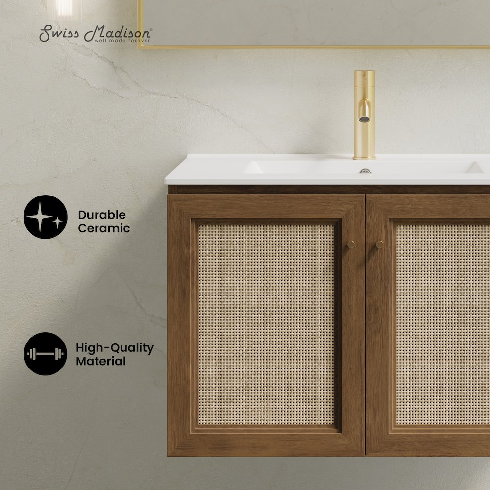 30" Wall-Mounted Bathroom Vanity in Brown Oak with Single Faucet Hole Vanity Top. Picture 8