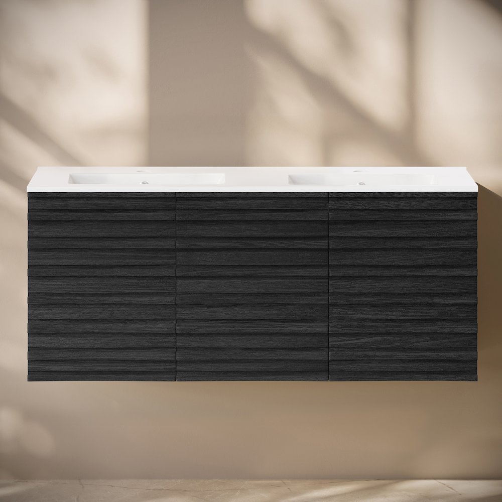 Cascade 48" Wall-Mounted Bathroom Vanity in Black Oak with Double Basin Sink Top. Picture 6