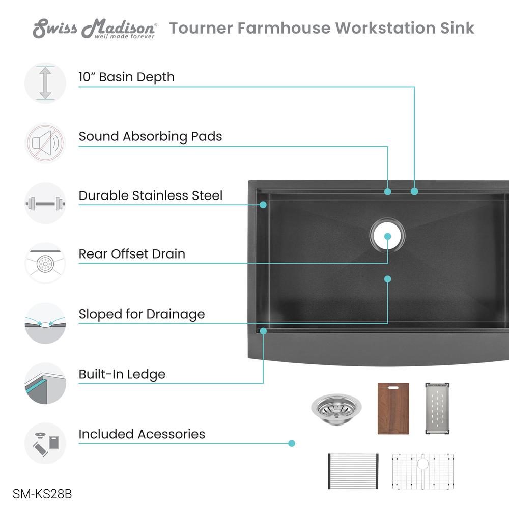Stainless Steel, Single Basin, Farmhouse Kitchen Workstation Sink with Apron. Picture 9