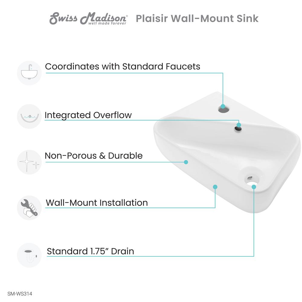 Plaisir 18 x 11 Ceramic Wall Hung Sink with Left Side Faucet Mount. Picture 4