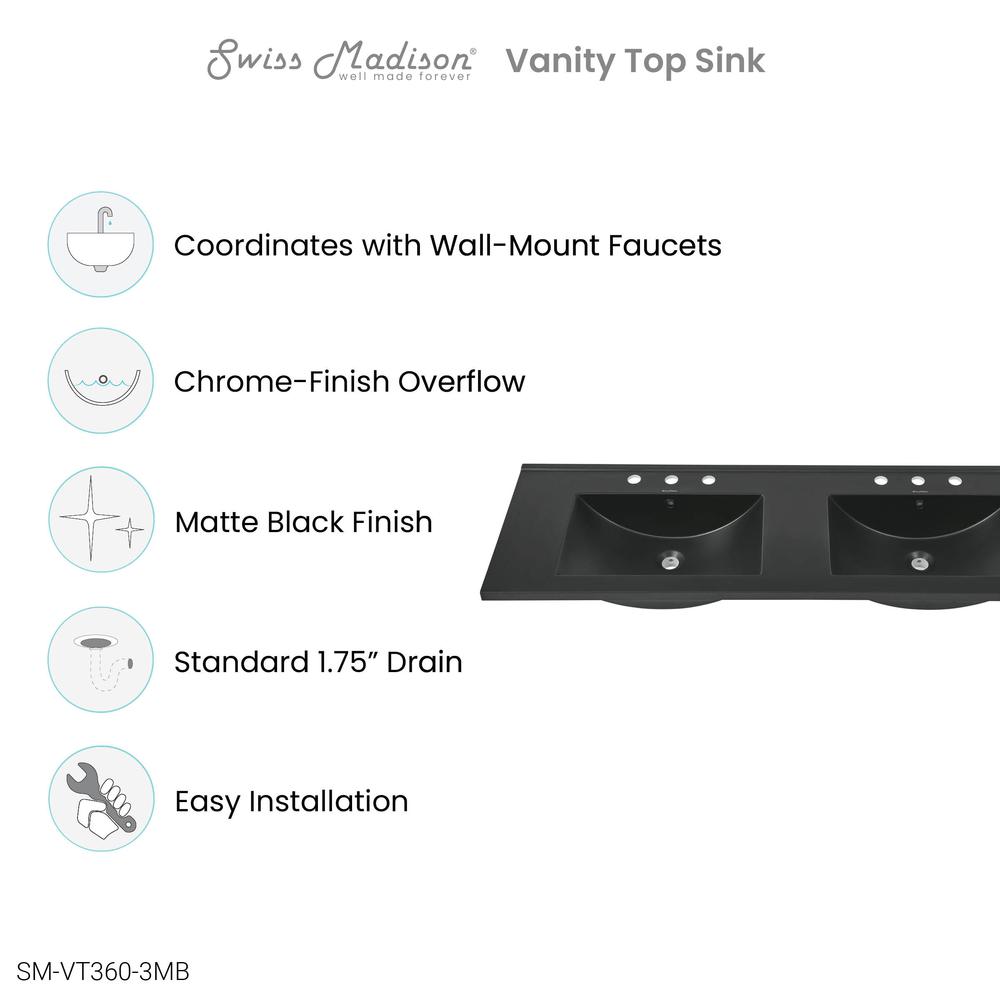60 inch Vanity Top Bathroom Sink in Matte Black with 3 Holes. Picture 8
