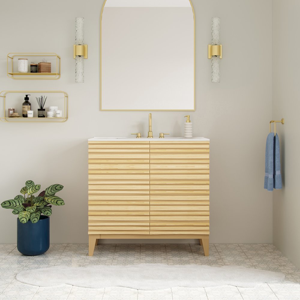 30" Freestanding Bathroom Vanity in Natural Oak with 3-Hole Widespread Sink Top. Picture 5