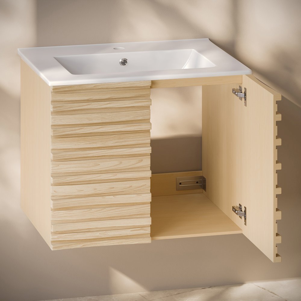 Cascade 30" Wall-Mounted Bathroom Vanity in Natural Oak with Sink Top. Picture 5