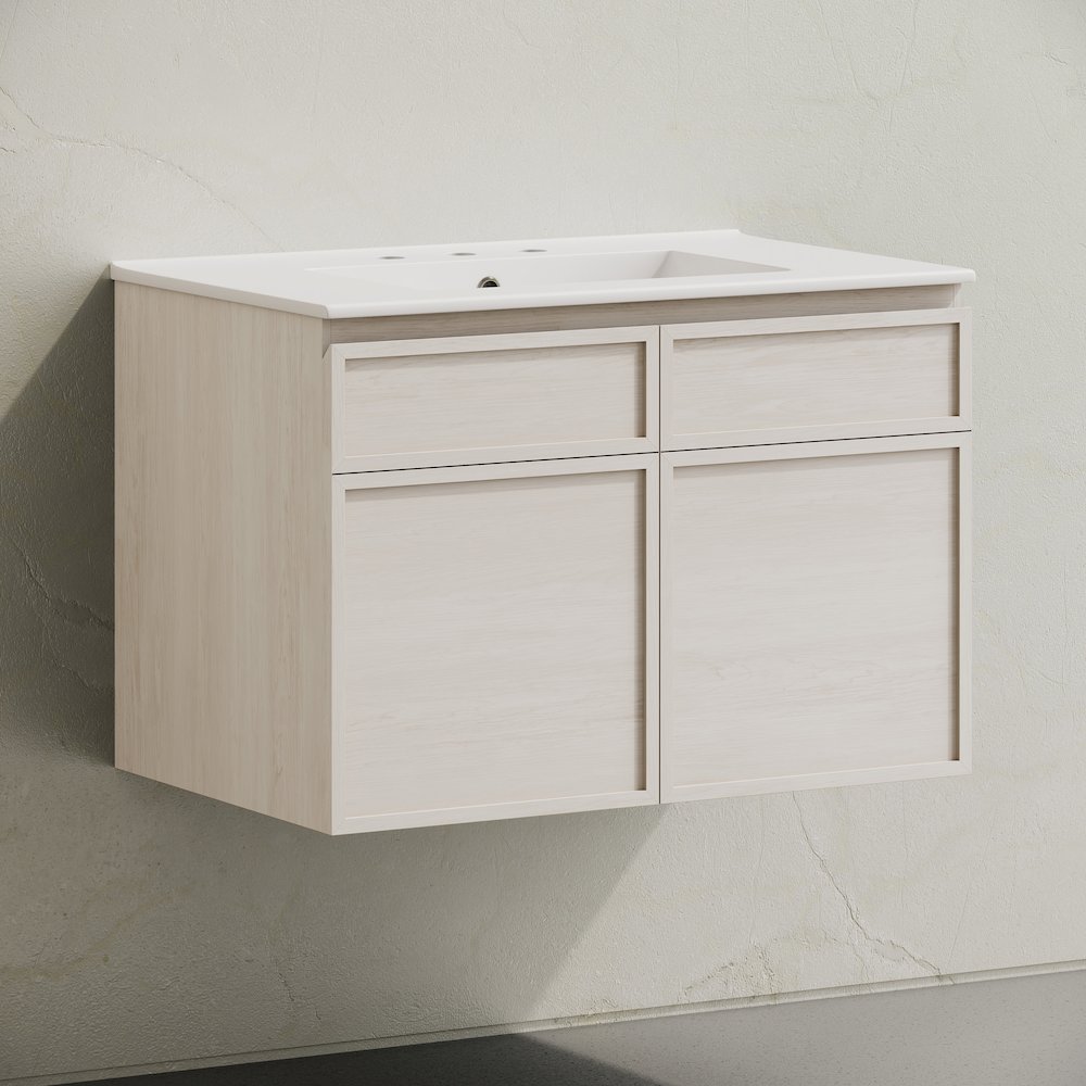 30" Wall-Mounted Bathroom Vanity in White Oak with 3-Hole Widespread Sink Top. Picture 2
