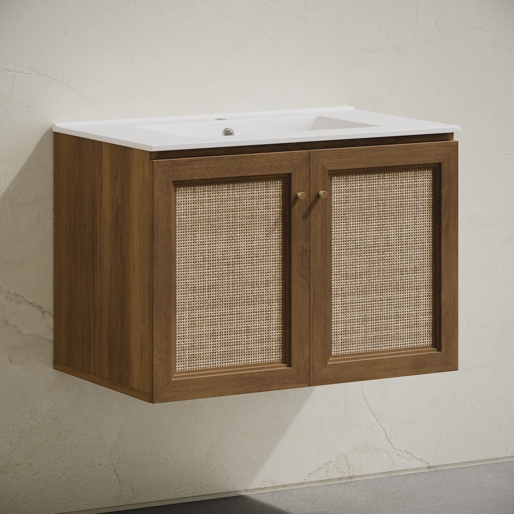 30" Wall-Mounted Bathroom Vanity in Brown Oak with Single Faucet Hole Vanity Top. Picture 3