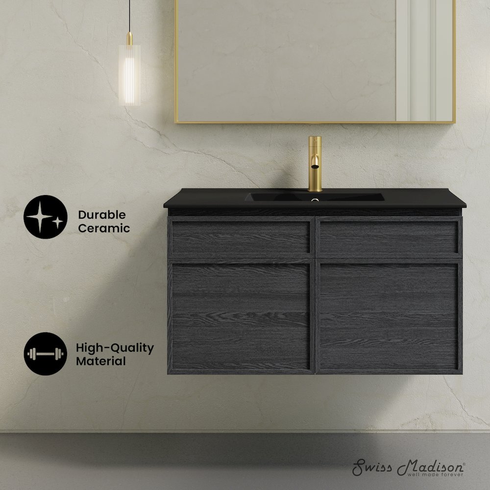 St. Tropez 36" Wall-Mounted Bathroom Vanity in Black Oak with Black Sink Top. Picture 8