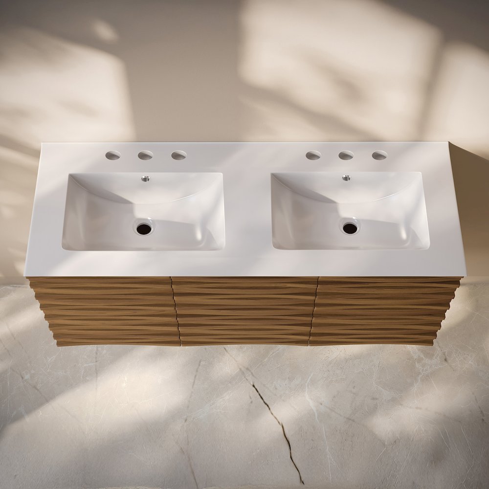 48" Wall-Mounted Bathroom Vanity in Brown Oak with Widespread Basin Sink Top. Picture 4