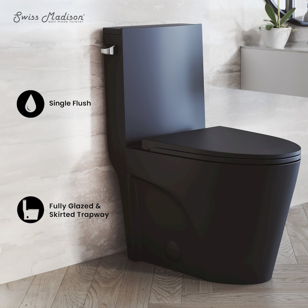 One-Piece 14" Rough-in 1.28 GPF Left Flush Elongated Toilet in Matte Black. Picture 2