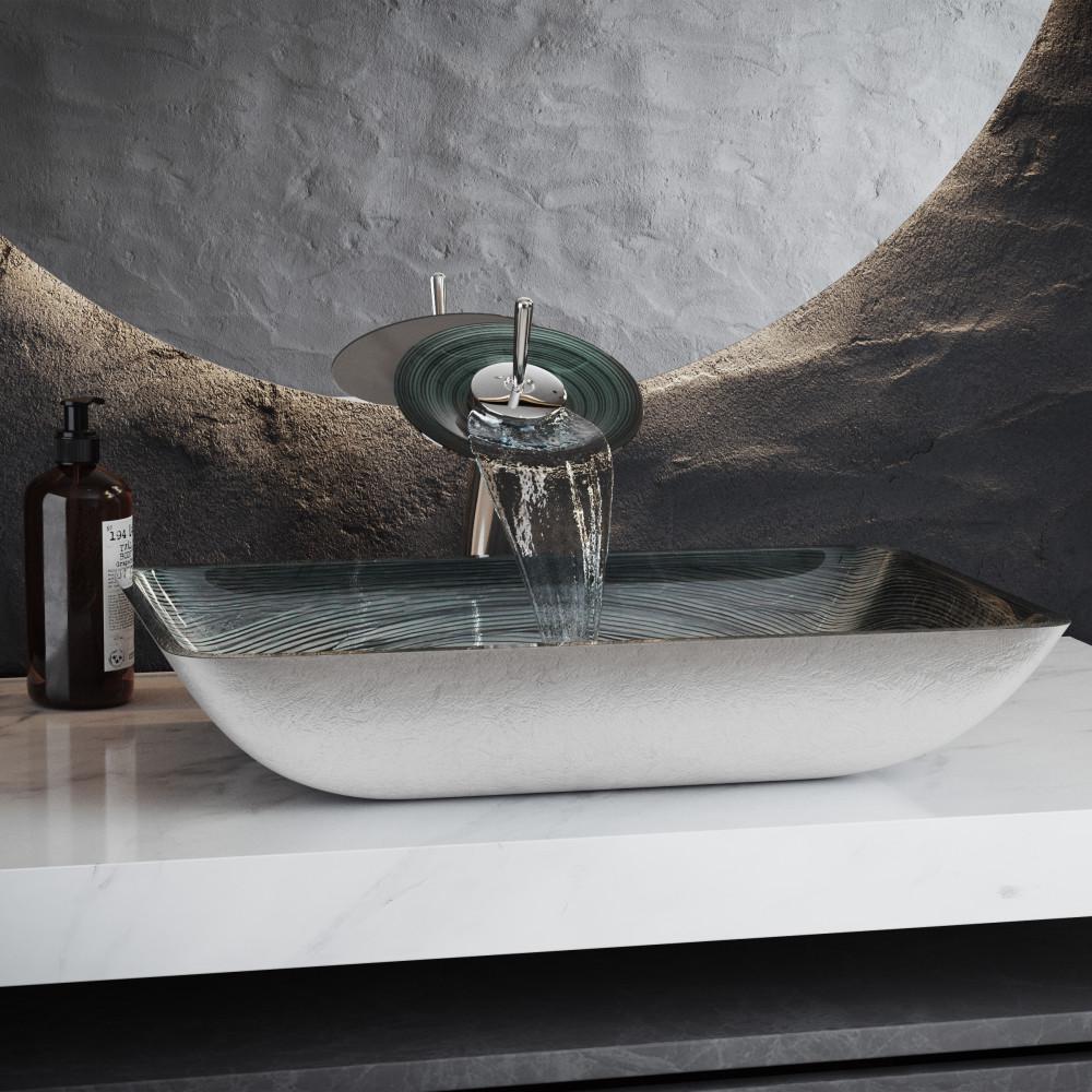Cascade Rectangular Glass Vessel Sink with Faucet, Smoky Grey. Picture 2