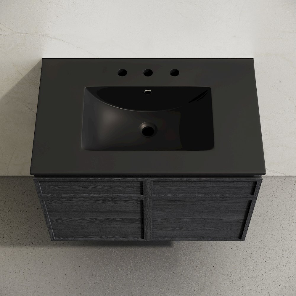 30" Wall-Mounted Bathroom Vanity in Black Oak with Black Widespread Sink Top. Picture 3