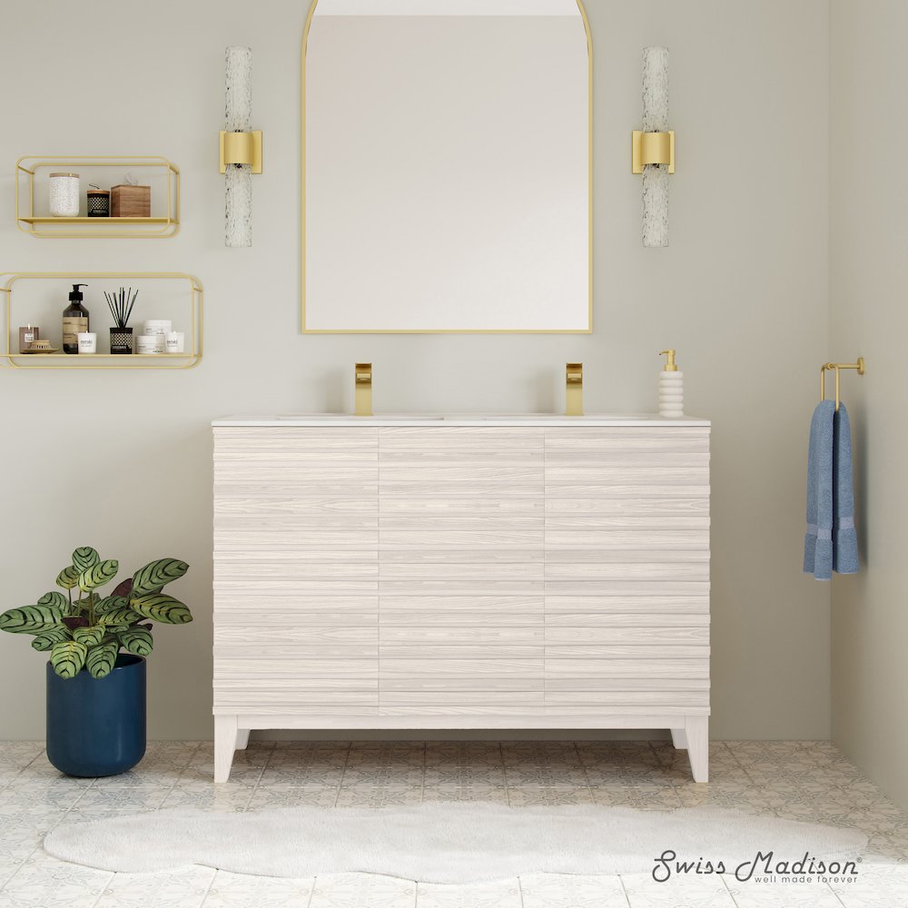 Cascade 48" Freestanding Bathroom Vanity in White Oak with Double Basin Sink Top. Picture 5