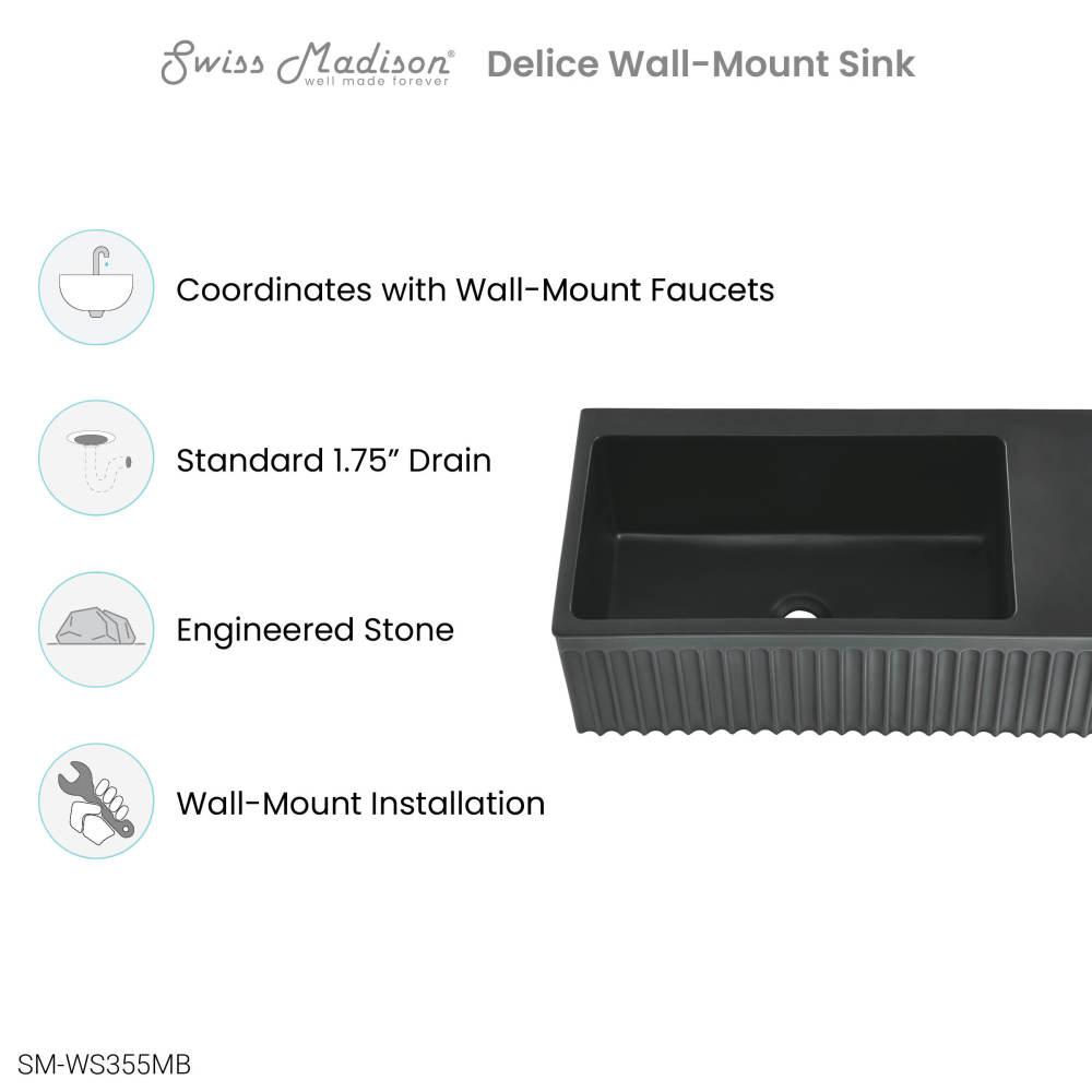 Delice 24" Rectangle Wall-Mount Bathroom Sink in Matte Black. Picture 3