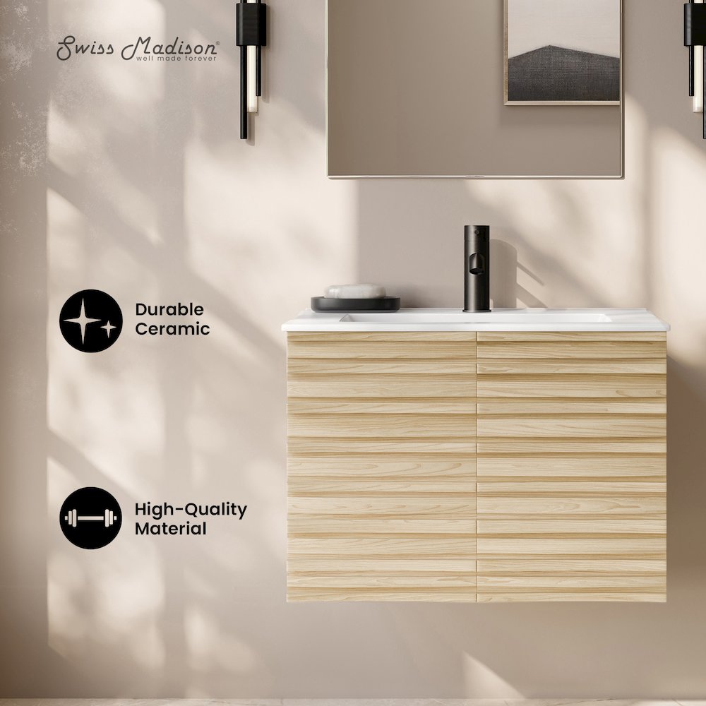 Cascade 30" Wall-Mounted Bathroom Vanity in Natural Oak with Sink Top. Picture 8