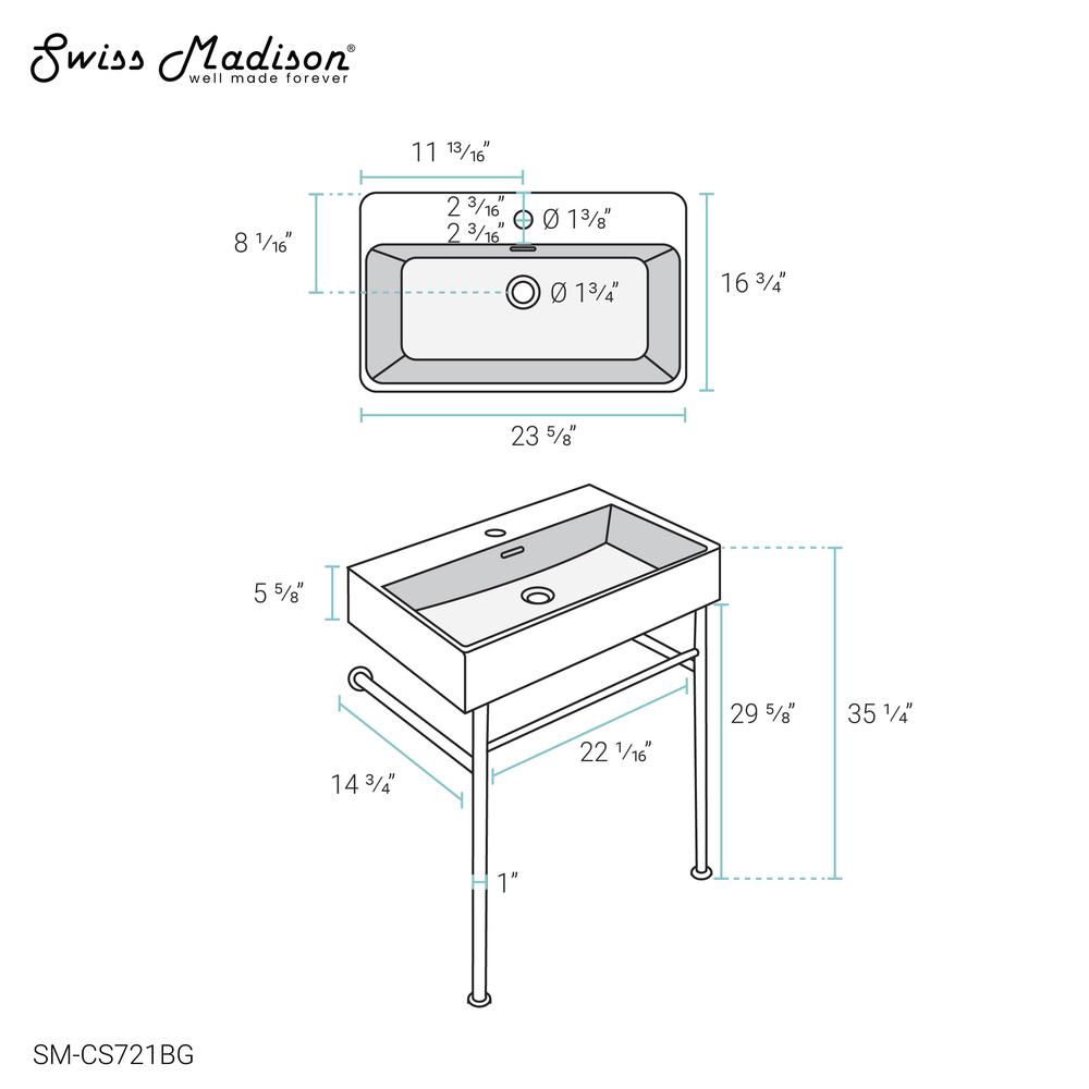 Claire 24 Ceramic Console Sink White Basin Brushed Gold Legs. Picture 15