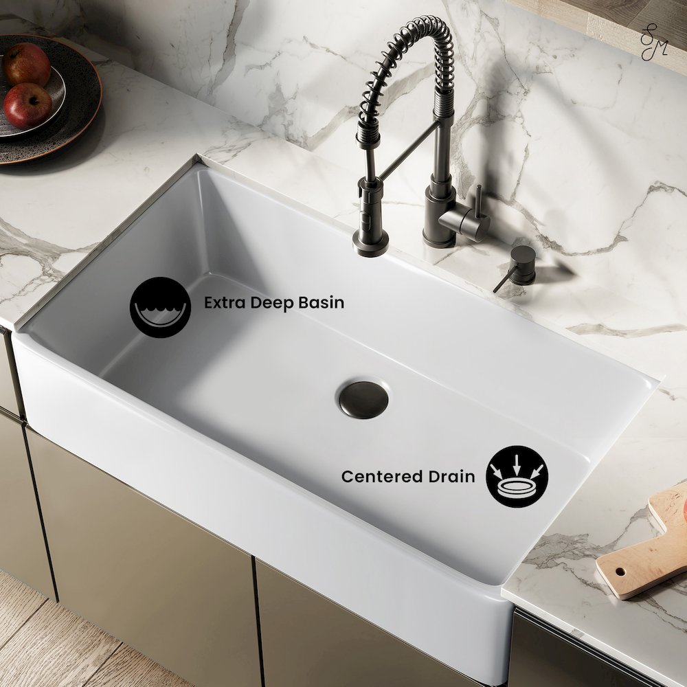 Elegance 36" x 20" Single Basin Fireclay Farmhouse Kitchen Sink in Glossy White. Picture 6