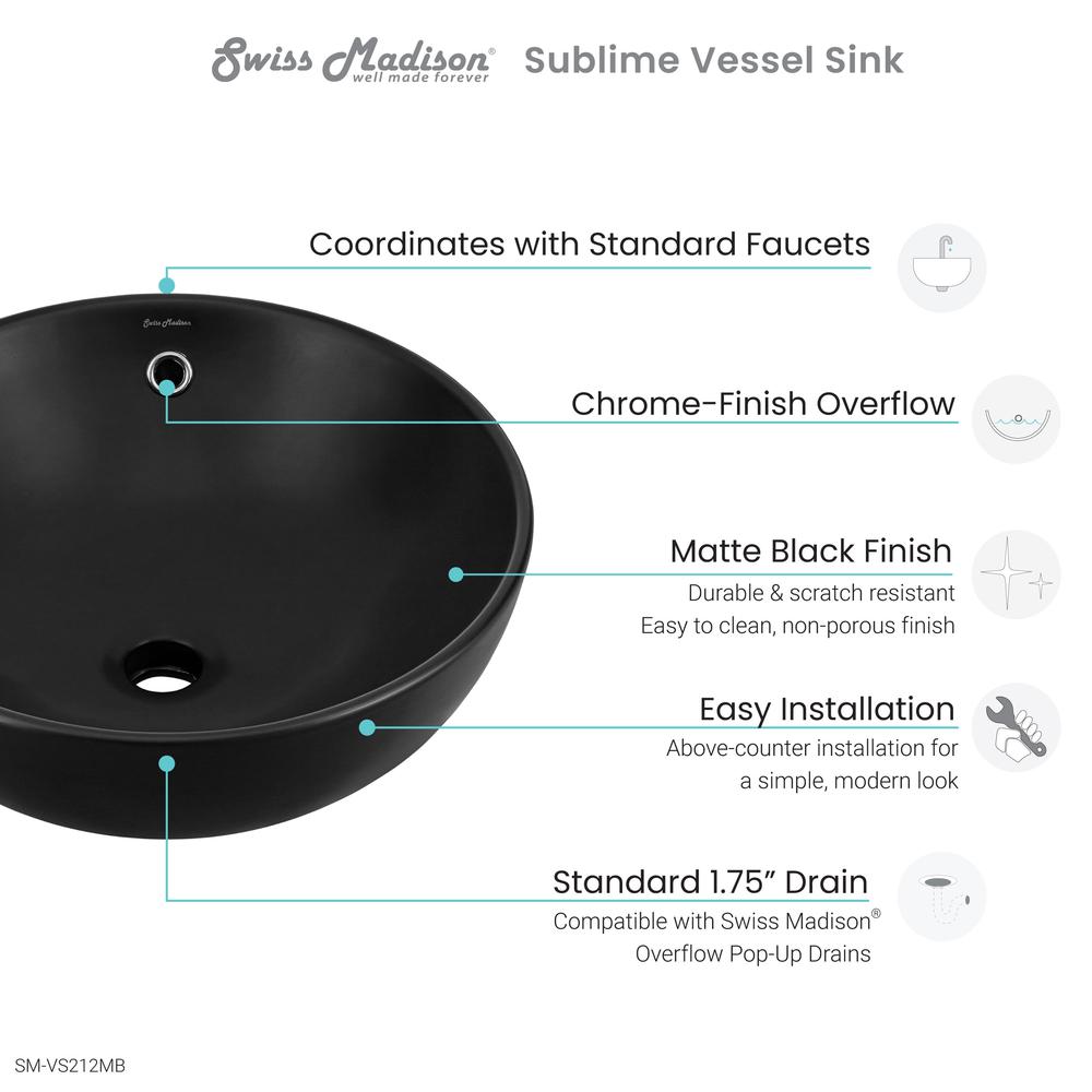 Sublime 17” Round Vessel Sink in Matte Black. Picture 8