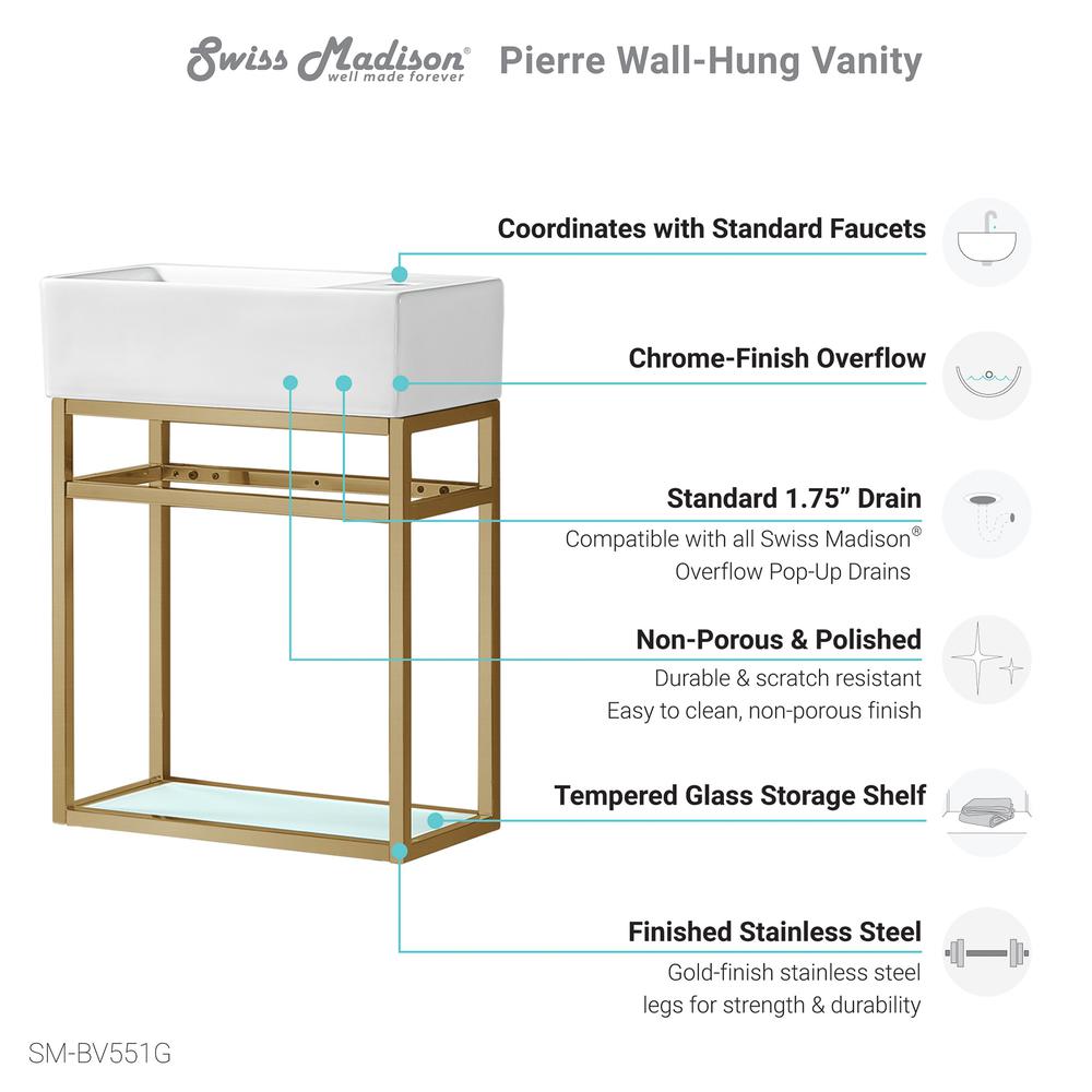 Pierre 19.5 Single, Open Shelf, Gold Metal Frame Bathroom Vanity. Picture 8