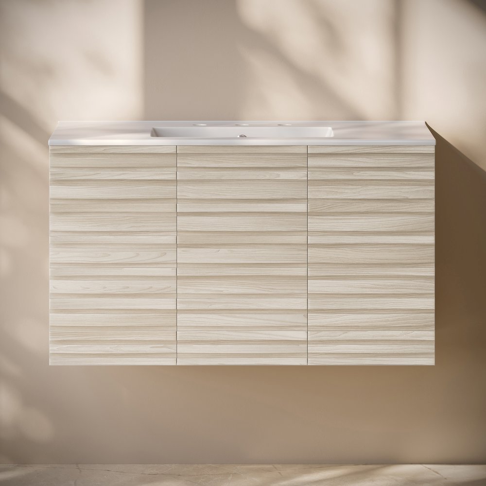 Cascade 36" Wall-Mounted Bathroom Vanity in White Oak with 3-Hole Sink Top. Picture 6