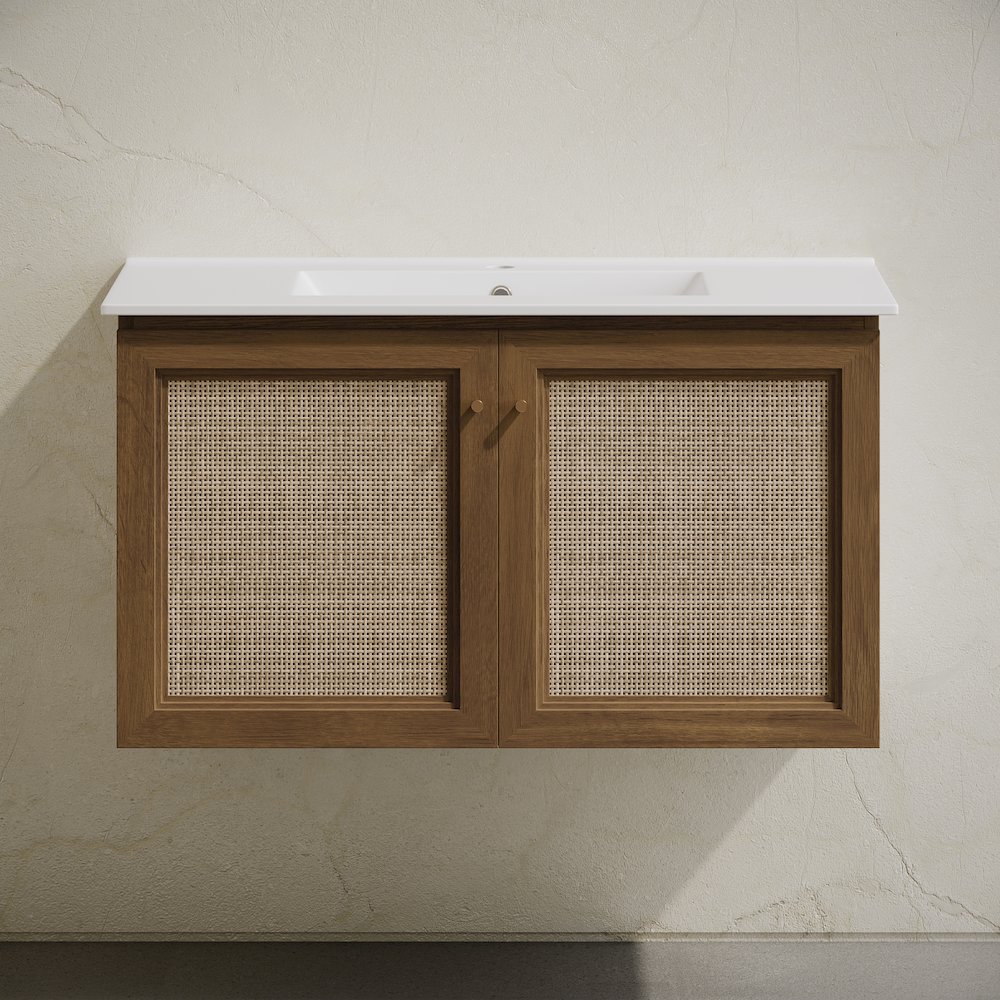36" Wall-Mounted Bathroom Vanity in Brown Oak with Single Faucet Hole Vanity Top. Picture 5