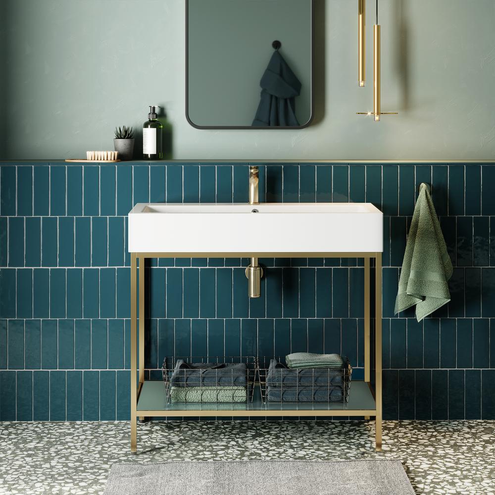 Pierre 40 Single, Freestanding, Open Shelf, Gold Metal Frame Bathroom Vanity. Picture 19