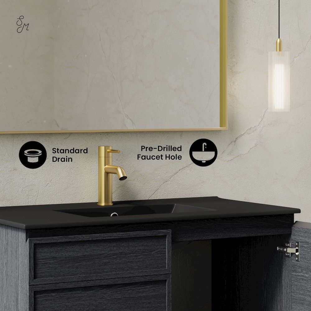 St. Tropez 36" Wall-Mounted Bathroom Vanity in Black Oak with Black Sink Top. Picture 10