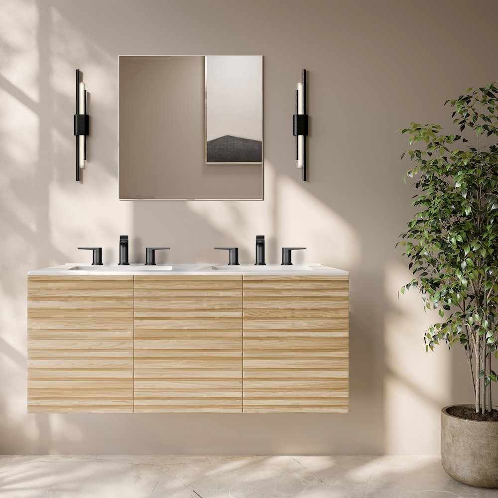 48" Bathroom Vanity in Natural Oak with Widespread Double Basin Sink Top. Picture 2
