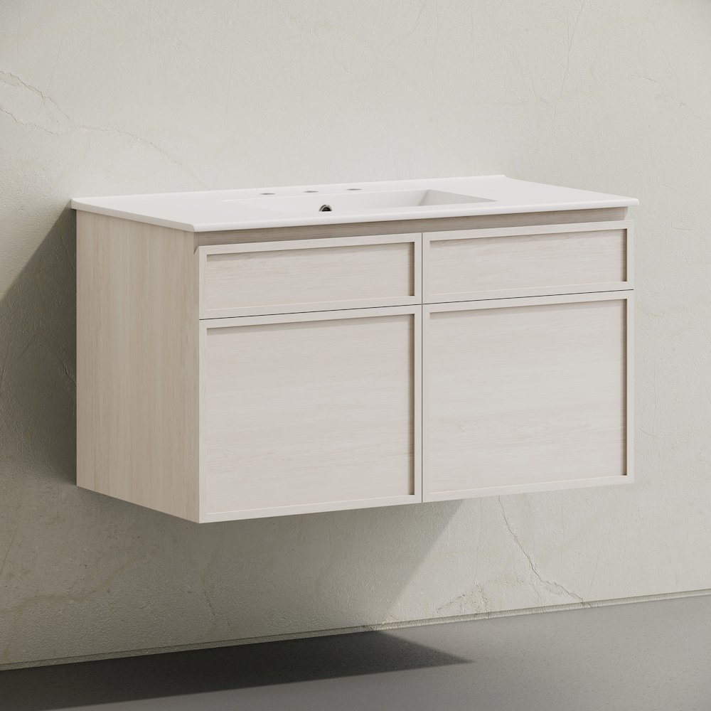 36" Wall-Mounted Bathroom Vanity in White Oak with 3-Hole Widespread Sink Top. Picture 2