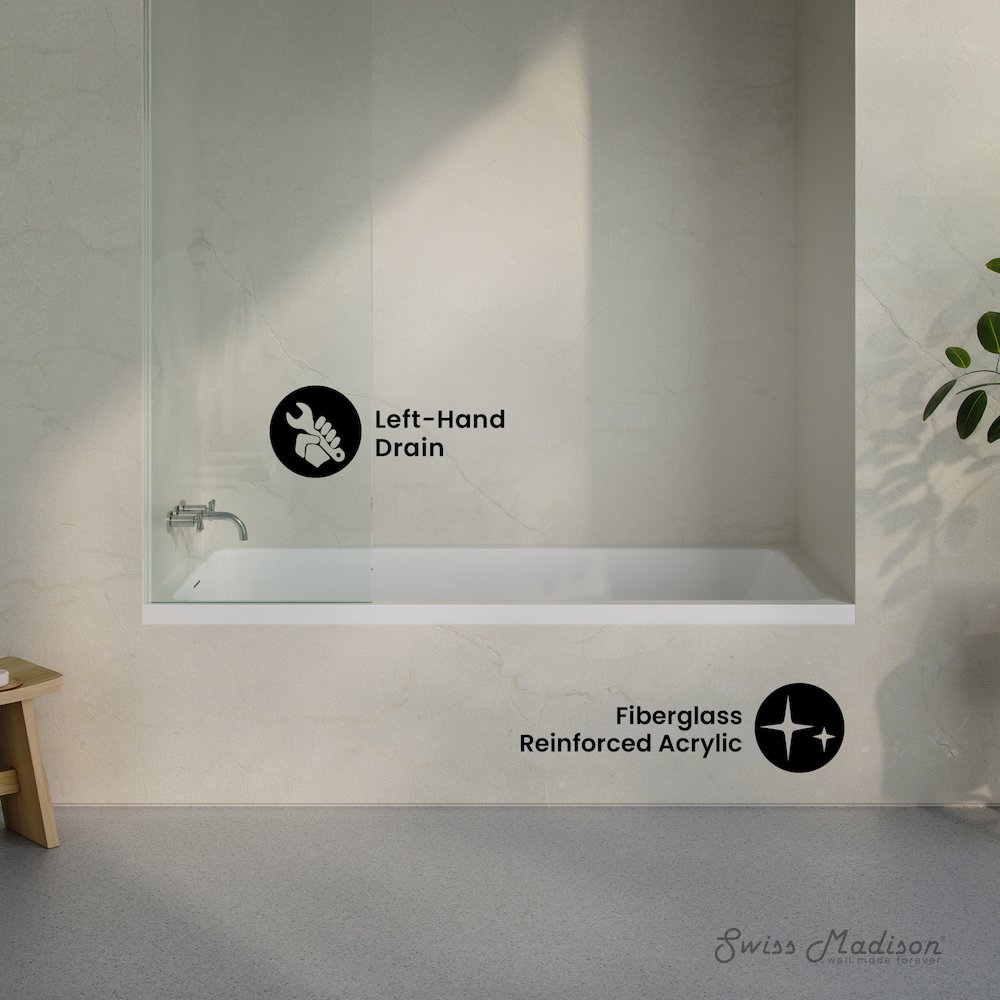 Left Drain Soaking Alcove Bathtub in Glossy White with Integrated Armrest. Picture 2