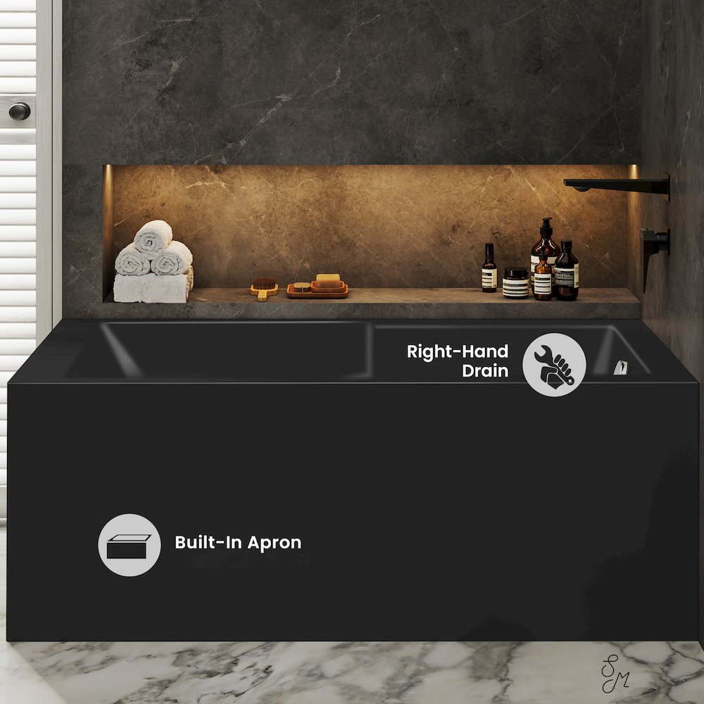 Voltaire 60 x 32 Right Drain Soaking Alcove Corner Apron Bathtub in Matte Black. Picture 3