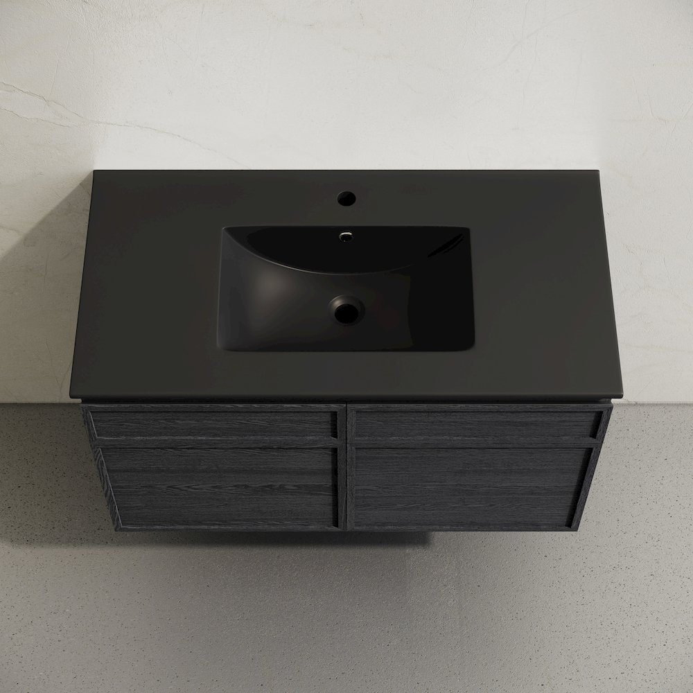 St. Tropez 36" Wall-Mounted Bathroom Vanity in Black Oak with Black Sink Top. Picture 4
