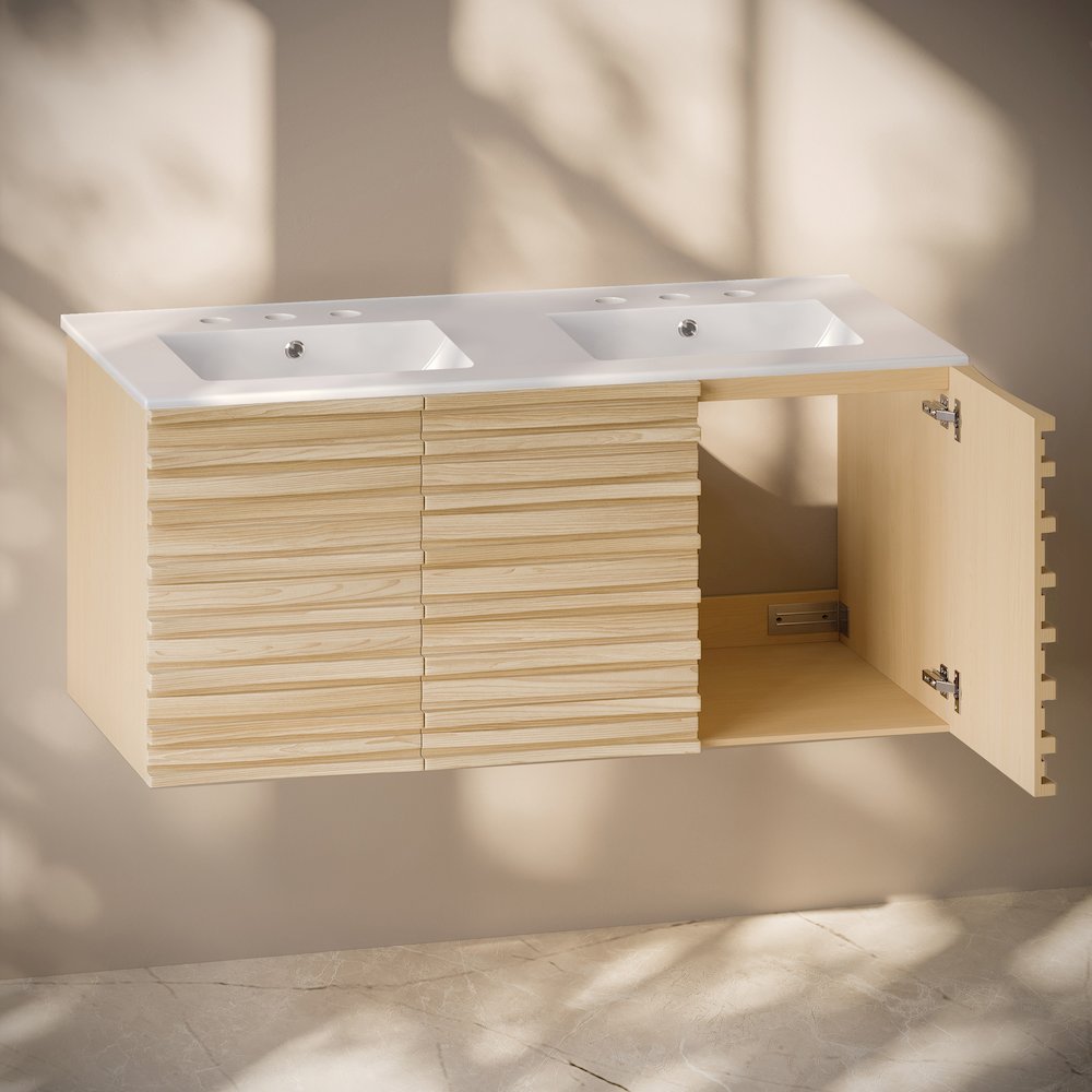 48" Bathroom Vanity in Natural Oak with Widespread Double Basin Sink Top. Picture 5