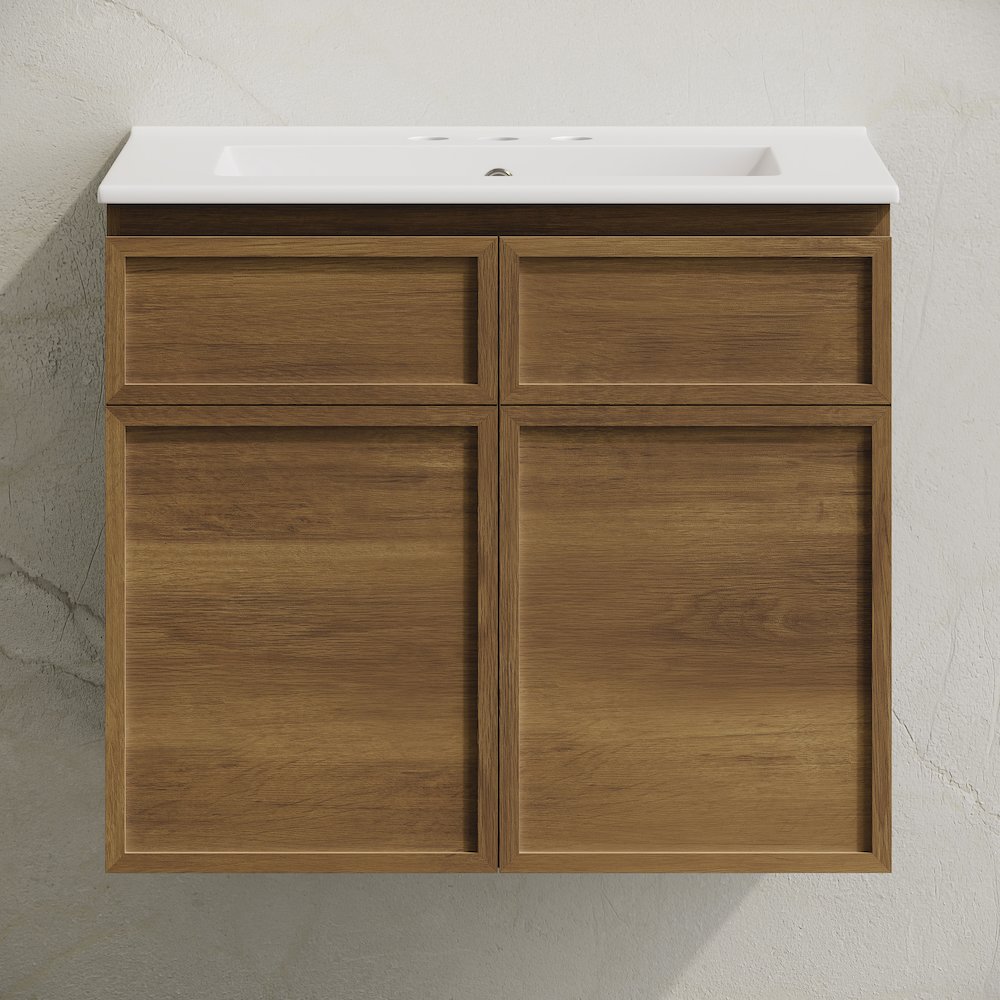 24" Wall-Mounted Bathroom Vanity in Brown Oak with 3-Hole Centerset Sink Top. Picture 5