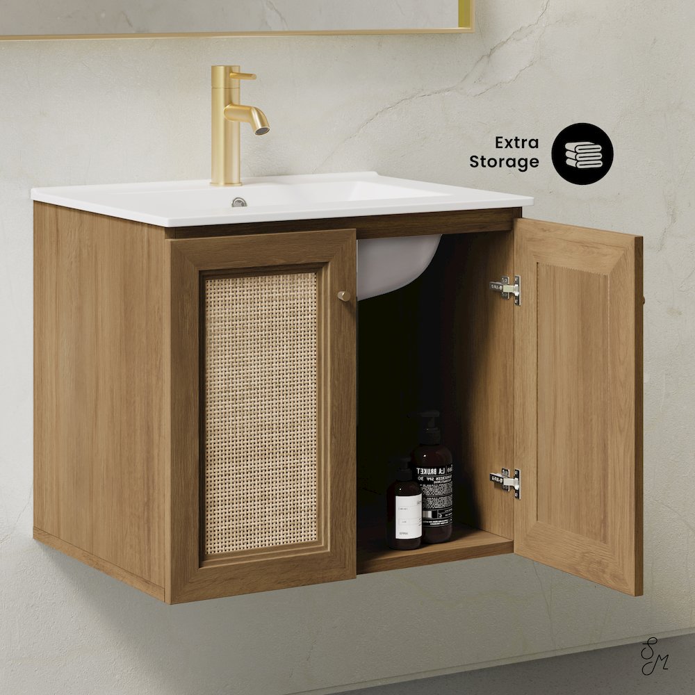 24" Wall-Mounted Bathroom Vanity in Brown Oak with Single Faucet Hole Vanity Top. Picture 9
